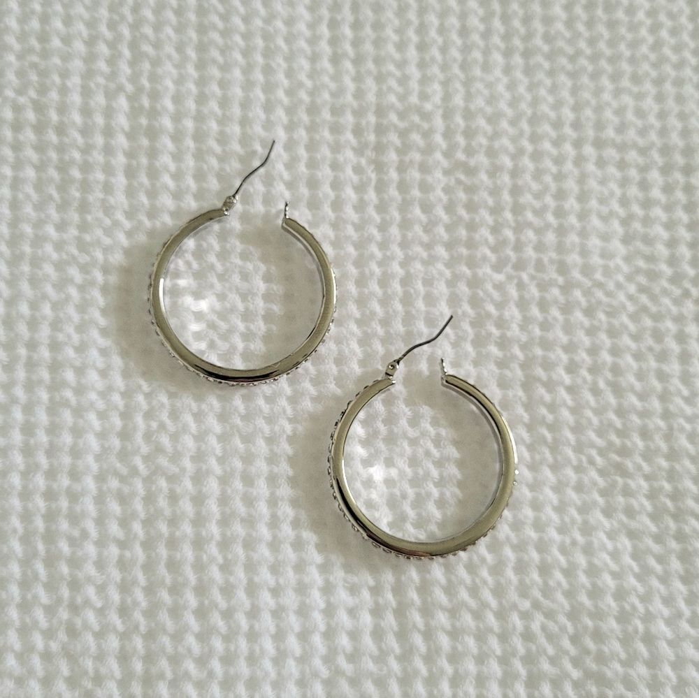 Tahari Cubic Zirconia💎 Lined Silver Hoop Earrings - Picture 12 of 16